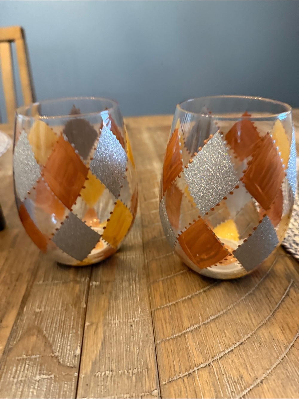 Set of 2 Hand-Painted Lolita Gold, Copper & Silver Argyle Stemless Wine Glasses